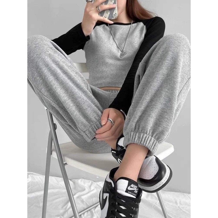 Quần Jogger nữ ống rộng bom gấu chất len tăm dày dặn phong cách Real Fashion