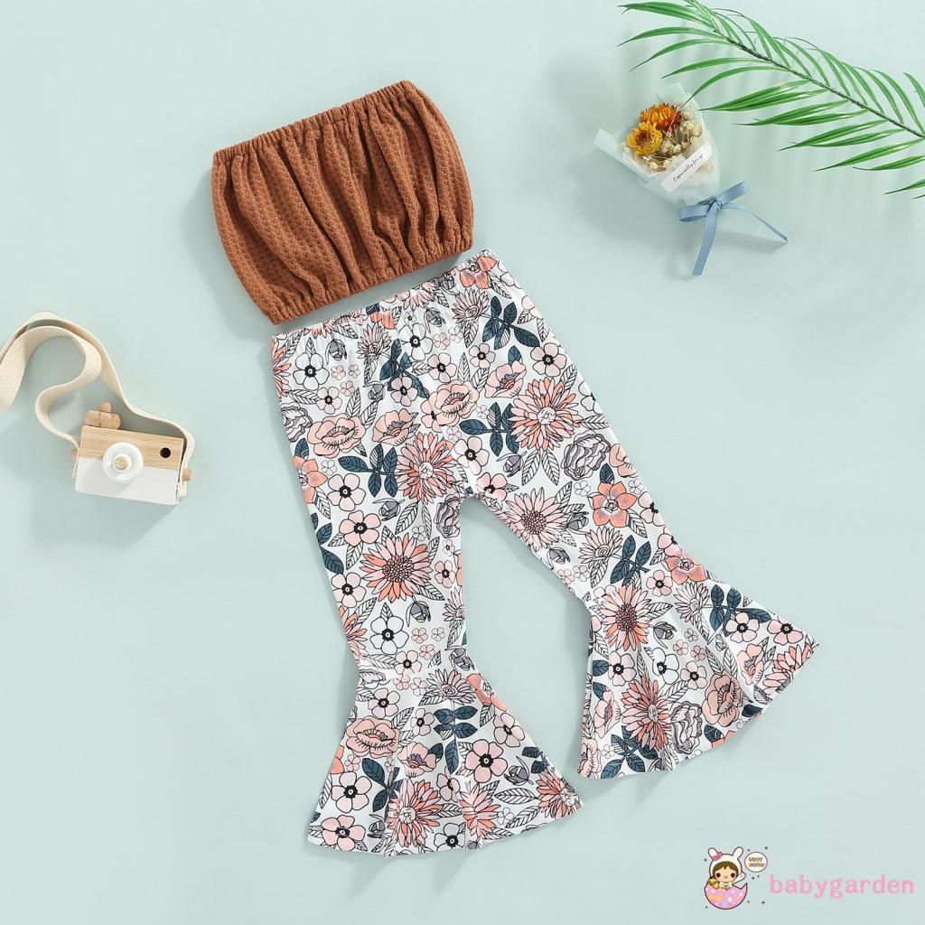 BABYGARDEN-1-6 Years Baby Girl Summer Outfit, Solid Color Sleeveless Strapless Short Tops+ Floral Print Suspender