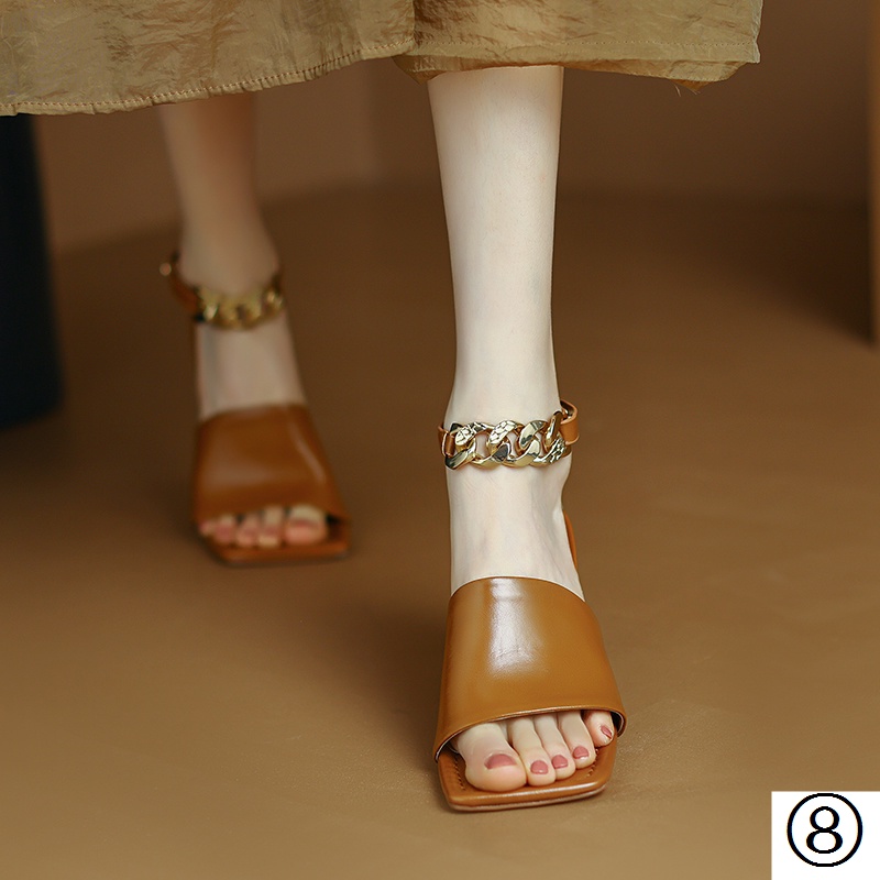 Giày Sandal Một Nửa Đế Bằng Da Thật Cài Khóa Dây Xích Cổ Điển Thời Trang Pháp Mùa Hè Cho Nữ