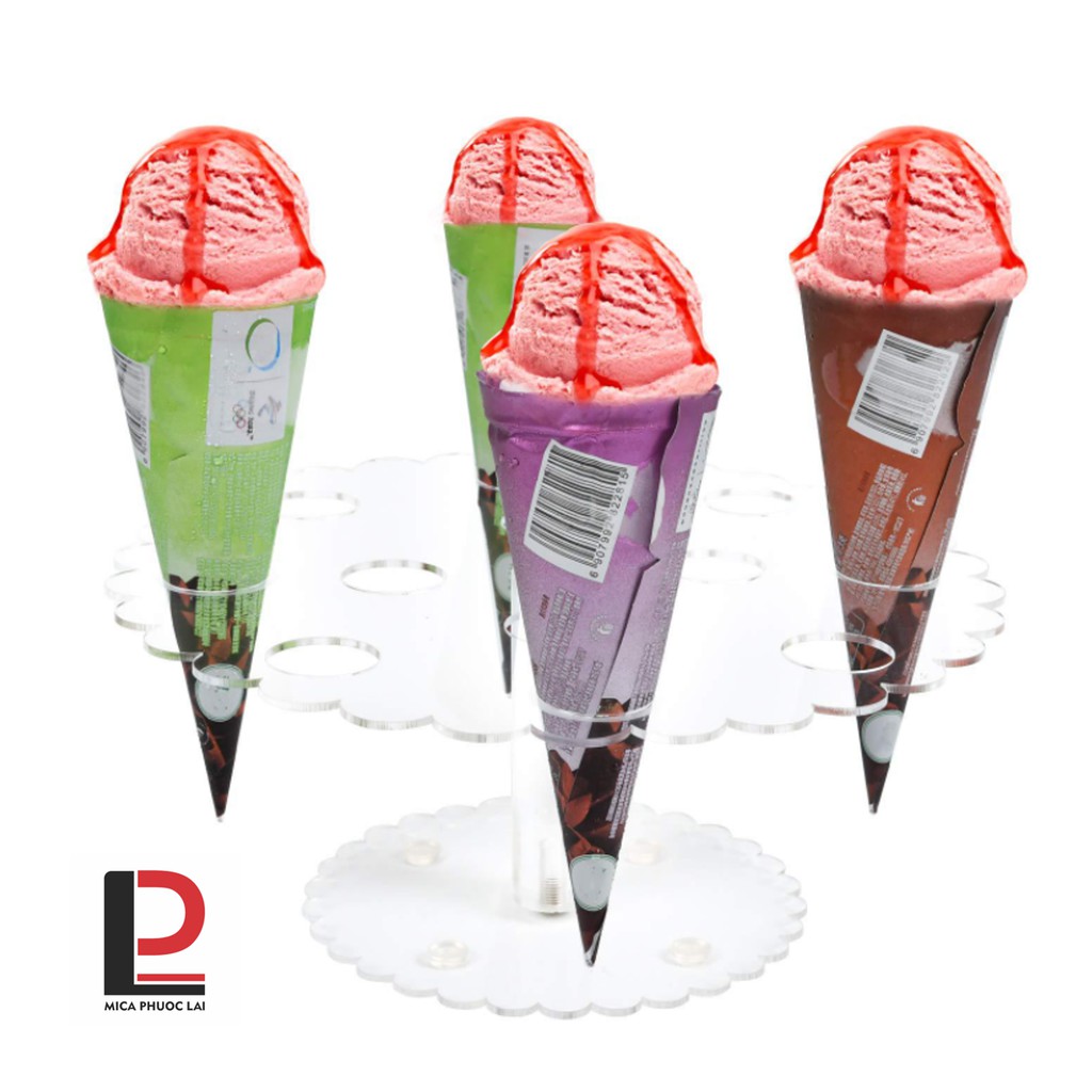 Đế hình nón 12 lỗ, đế trưng bày bánh, kem ốc quế acrylic trong suốt