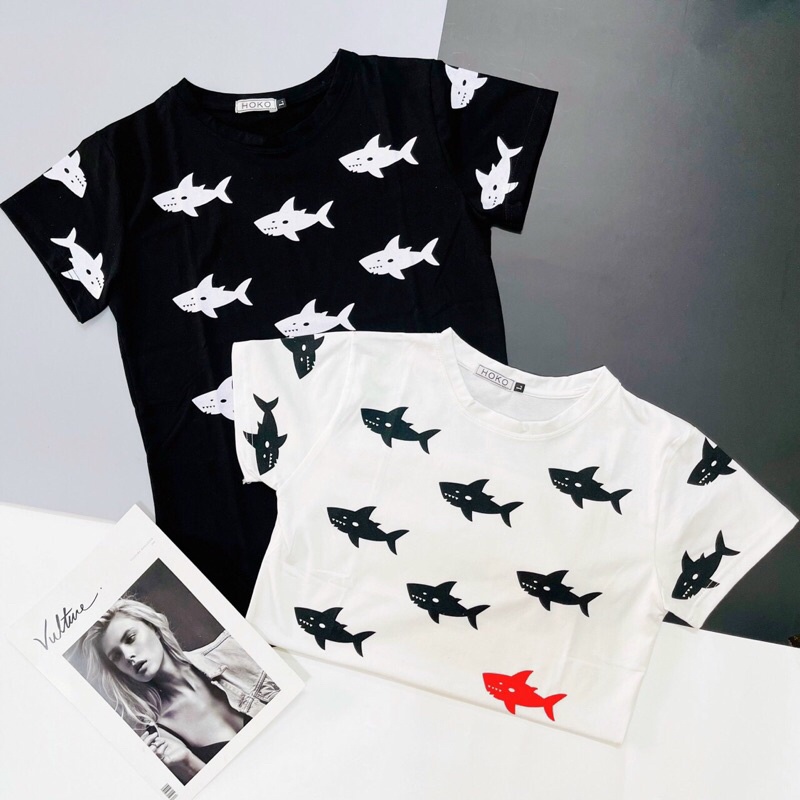 Áo Thun Cổ Tròn Nam in hình con cá Ngắn Tay Cổ Bẻ Chất Cotton Cao Cấp Thoáng Mát