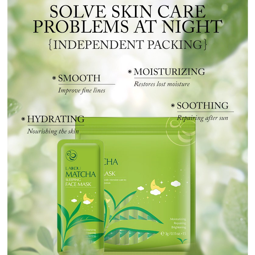 Túi mặt nạ ngủ trà xanh Laikou Matcha Sleeping Face Mask Gồm 15 Gói Nhỏ Sena Beauty | BigBuy360 - bigbuy360.vn