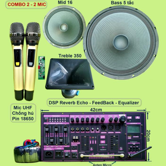 Mạch loa kéo 5 tấc đơn DSP Reverb chống hú - Equalizer 5 Band kèm loa và mic UHF pin 18650