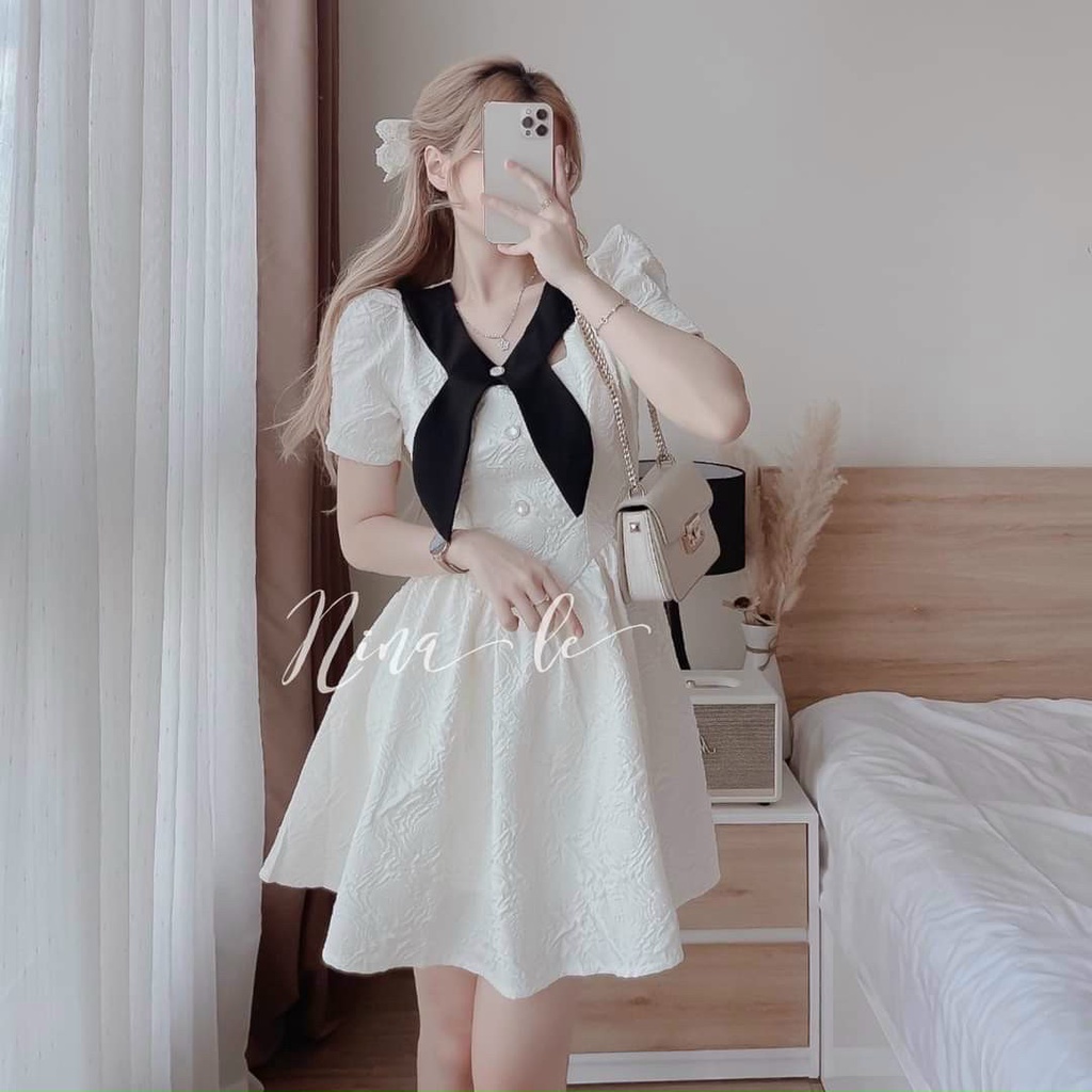 Đầm xòe tay phồng thiết kế phối nơ đính nút ngực mẫu có mút ngực thời trang nữ dự tiệc phù hợp mọi phong cách