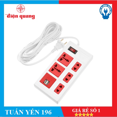 FREESHIPỔ cắm điện Điện Quang 5 lỗ 2 USB 2m, 5m ECO ĐQ ESK 5WR 5ECO 2A