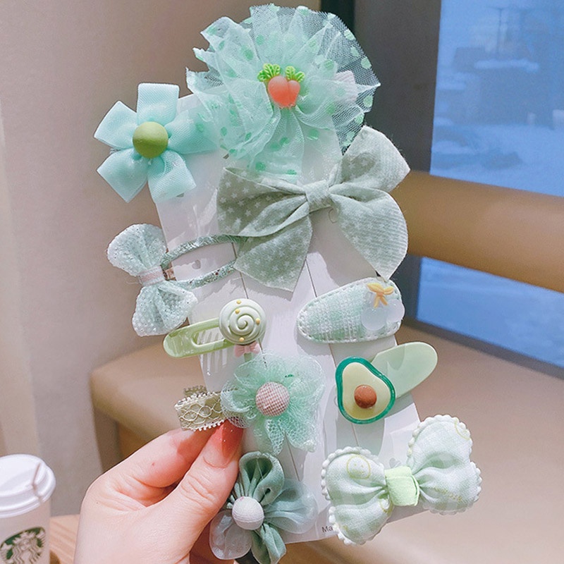Set 10 Kẹp Tóc Hình Nơ / Trái Cây / Bông Hoa Nhiều Màu Sắc Phong Cách Công Chúa Ngọt Ngào
