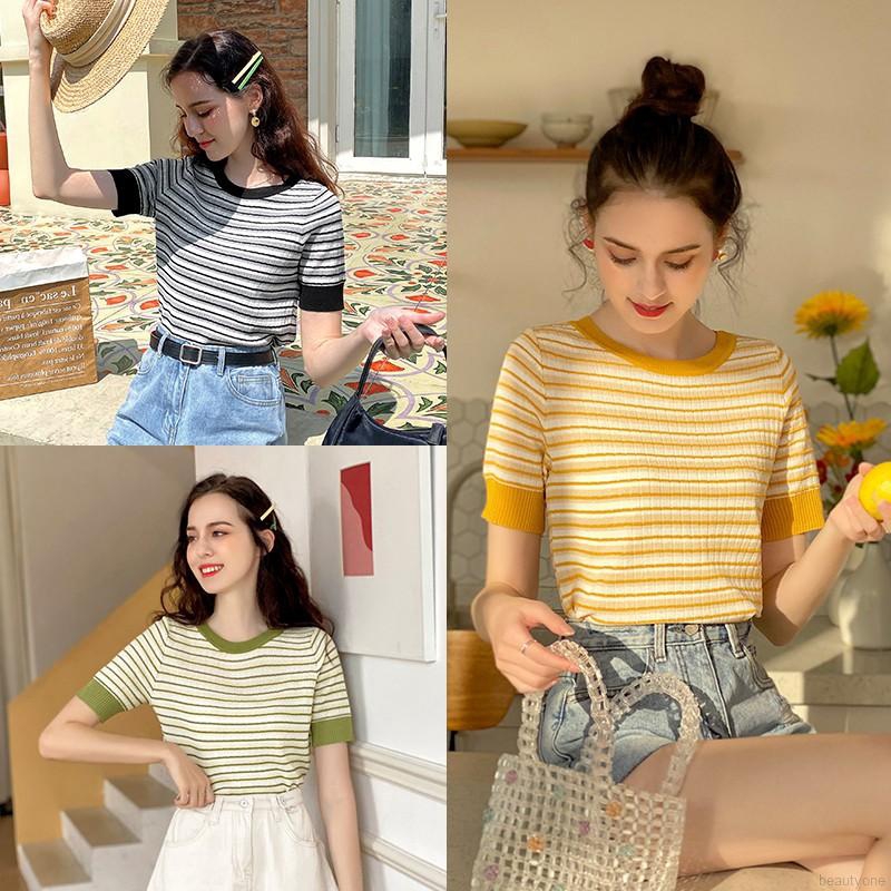 Áo Dệt Kim Tay Ngắn Hoạ Tiết Kẻ Sọc Phong Cách Hàn Quốc