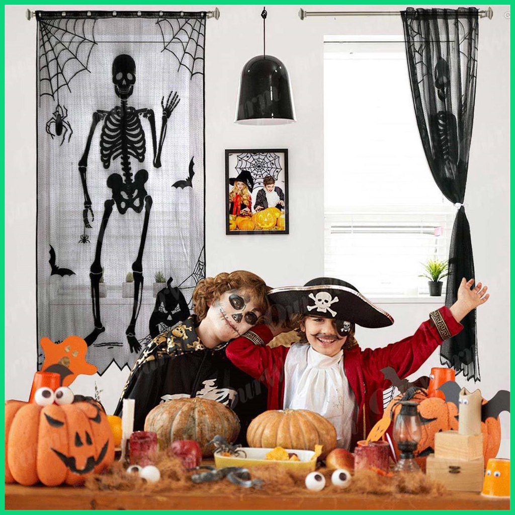 Rèm Cửa Sổ Ren Đen Hình Bộ Xương Người Dơi Bay Cho Halloween