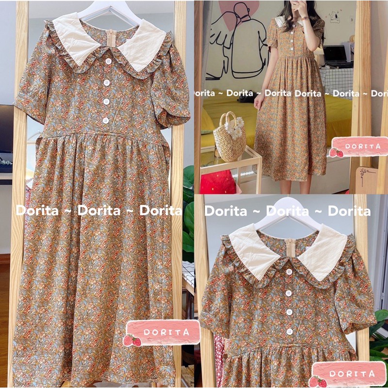 Đầm babydoll hoa nhí cổ bèo Đầm babydoll hoa nhí dáng dài - Dorita Boutique