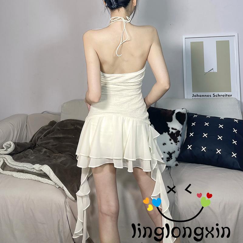 Đầm Không Tay Hở Lưng Màu Trơn Có Dây Buộc Dành Cho Nữ Linglongxi2
