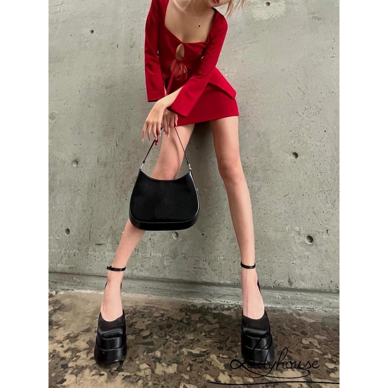 Bộ Áo Tay Dài + Chân Váy Lưng Cao Mini Màu Trơn Thời Trang Mùa Hè Cho Nữ