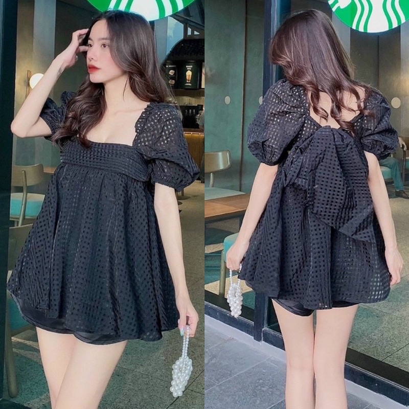 Set áo babydoll bbd kẻ ô tay bồng nơ lưng với quần ngắn