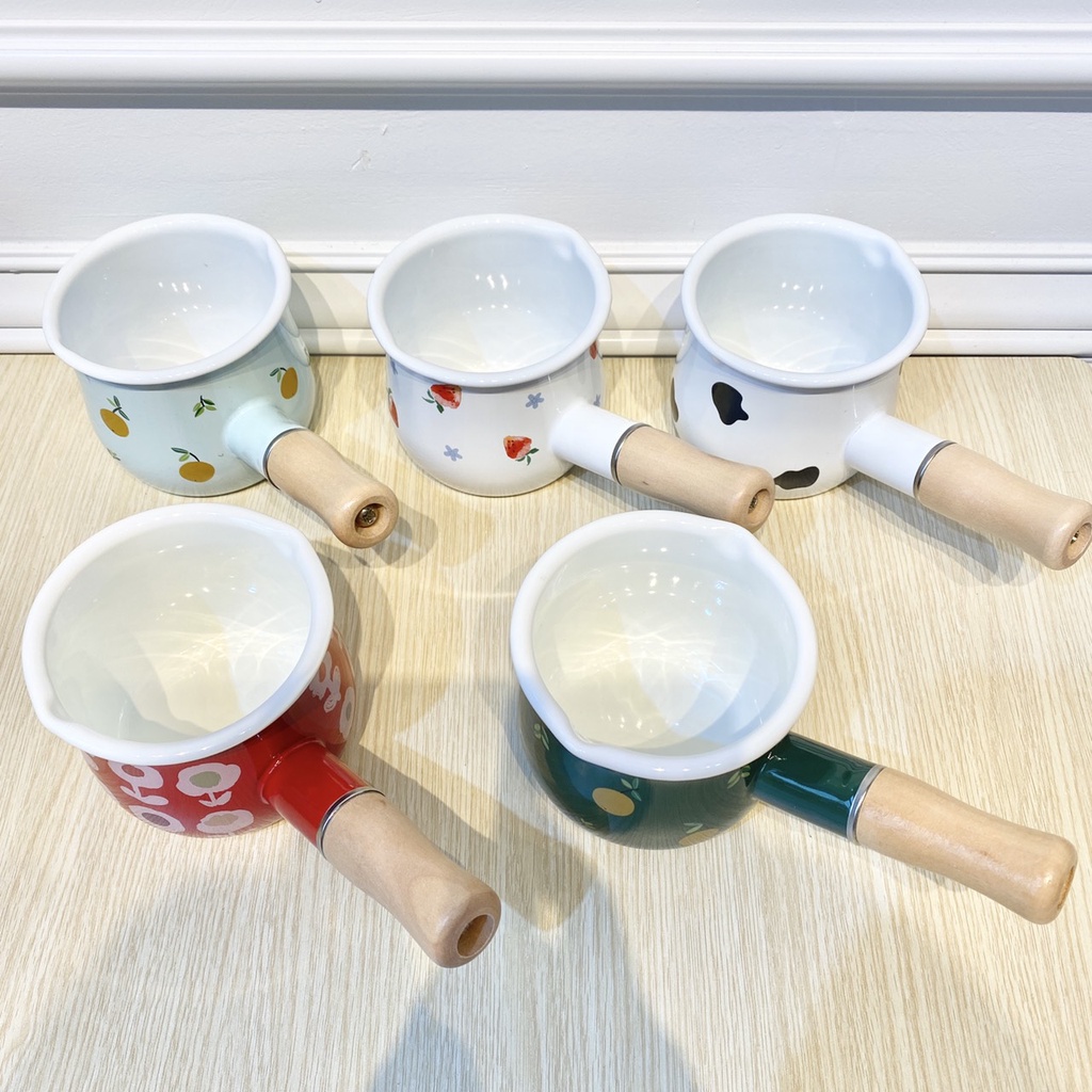 Nồi Nấu Bột Tráng Men, Nấu Cháo, Đồ Ăn Dặm Mini Cho Bé, Có Tay Cầm Bằng Gỗ, Chất Liệu Men Sứ An Toàn Cho Trẻ Em
