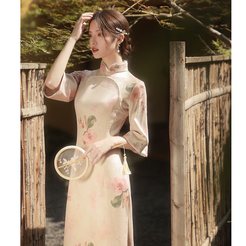 Đầm sườn xám cách tân cổ đứng tay dài chất liệu da lộn cao cấp thời trang cho nữ