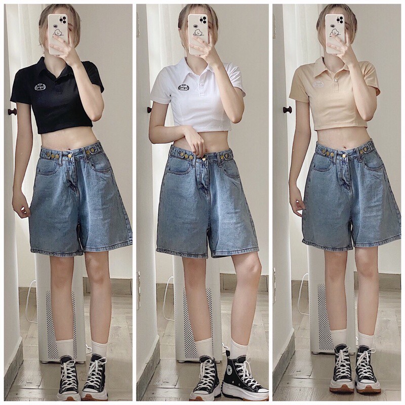 Set Quần Jeans Ngố Đai Nút + Croptop Petter Thêu
