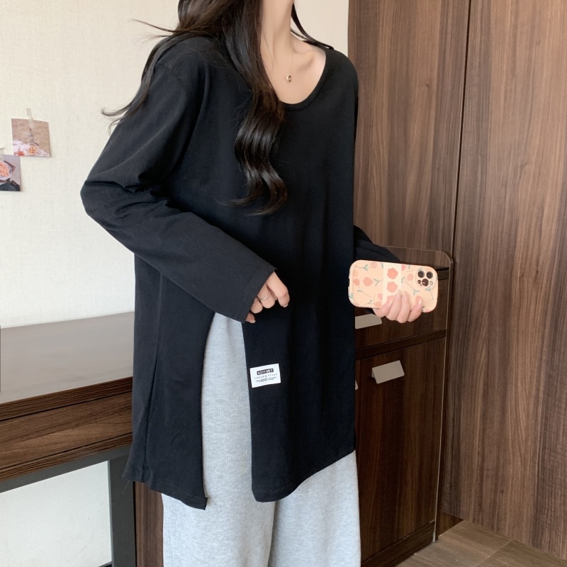 ZHELIHANGFEI Áo Thun Tay Dài Dáng Rộng Xẻ Tà Dễ Phối Đồ Thời Trang