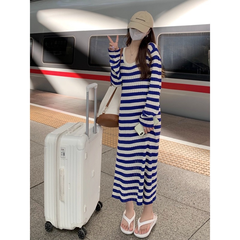 ZHELIHANGFEI Đầm Dệt Kim Tay Dài Dáng Rộng Họa Tiết Kẻ Sọc Thời Trang Thanh Lịch Cho Nữ