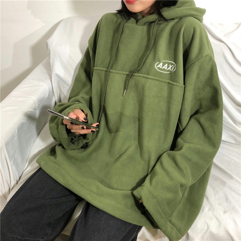 Áo Hoodie Màu Xanh Lá Thêu Chữ Phong Cách Vintage