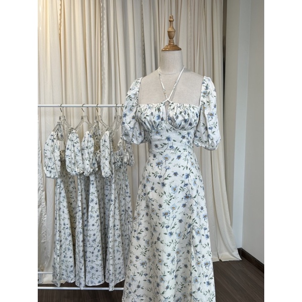 Beachclub-Đầm linen midi nhún ngực tay phồng