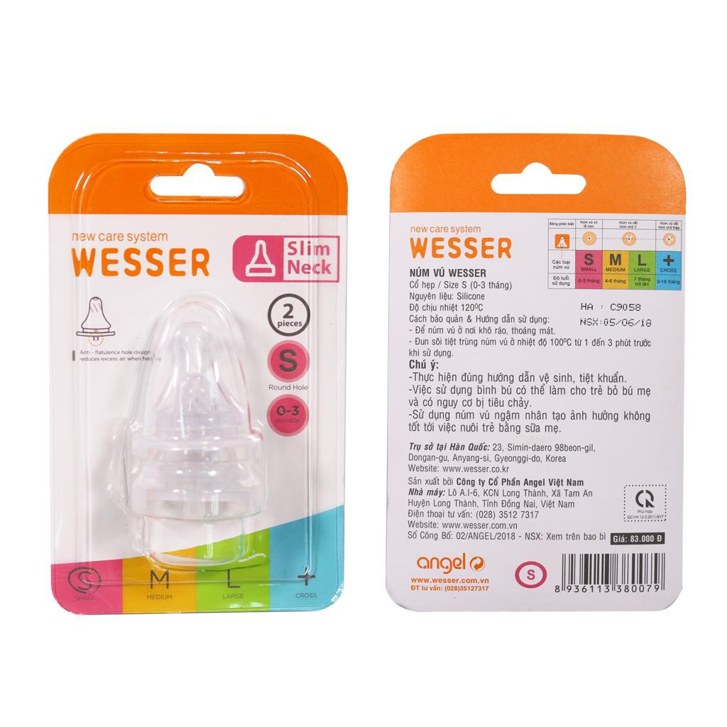 Núm ty / Núm vú Wesser thay bình sữa cổ hẹp (cổ chuẩn) đủ size - 2 cái/vỹ (Thương hiệu Hàn Quốc)