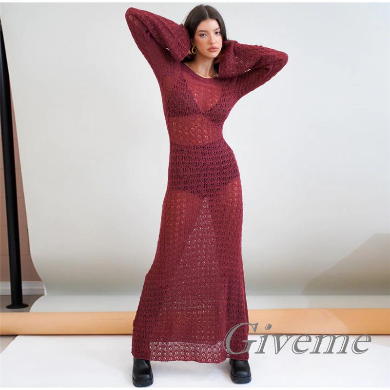 Đầm Dài Dệt Kim Màu Trơn Xuyên Thấu Cổ Tròn Tay Dài Thời Trang Mùa Hè Cho Nữ
