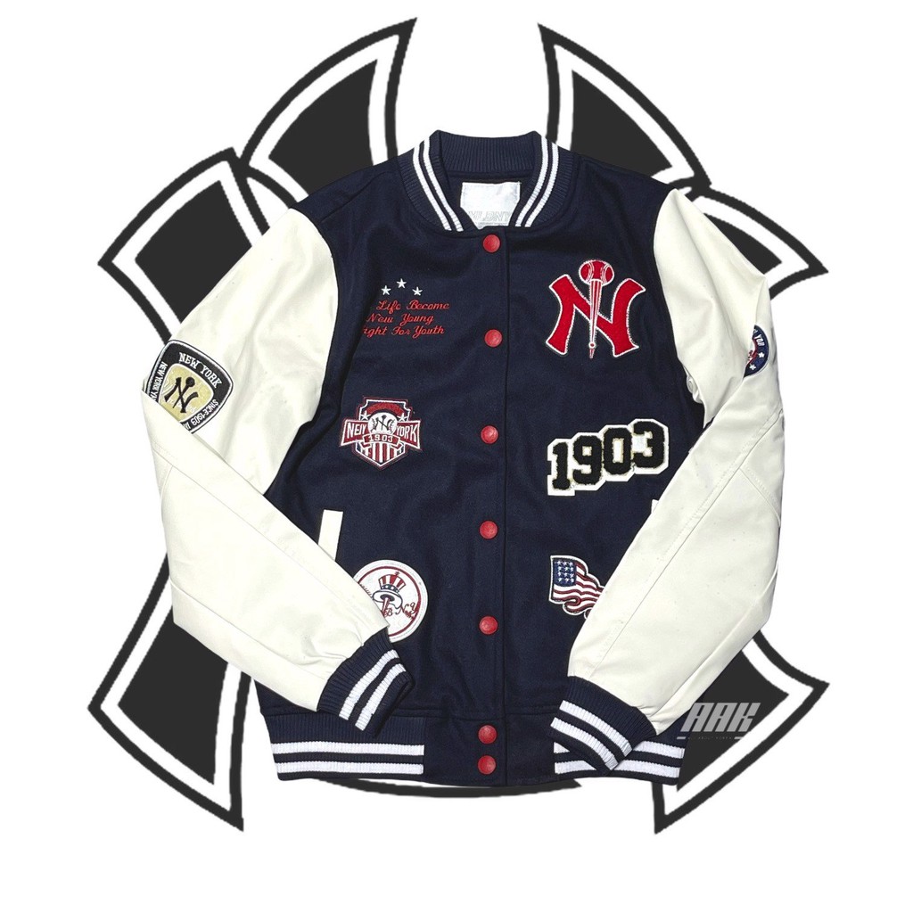 ÁO KHOÁC MLBNY BOMBER 1903 TAY DA TRẮNG - ÁO VARSITY NAM NỮ UNISEX - HÀNG CÓ SẴN