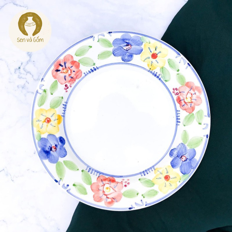 20cm dĩa tròn màu trắng có hoa xanh tím vàng cam gốm sứ Nhật SVG4629