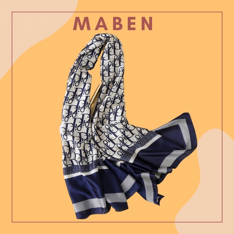 Khăn choàng cổ lụa in chữ màu xanh cao cấp - Maben