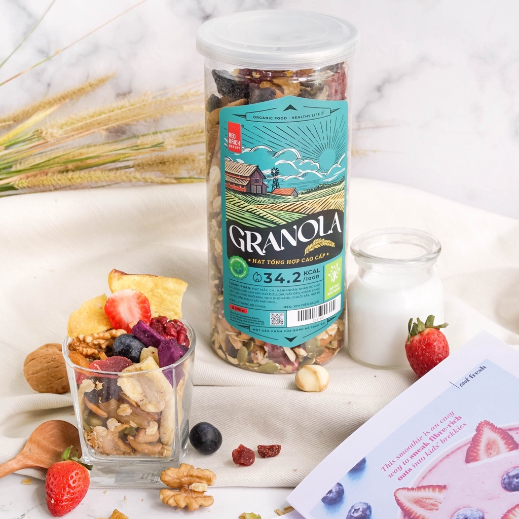 Granola Cao Cấp Mix 12 Loại Hạt Thương Hiệu Gạch Đỏ 500G Óc Chó Macca Ít Yến Mạch