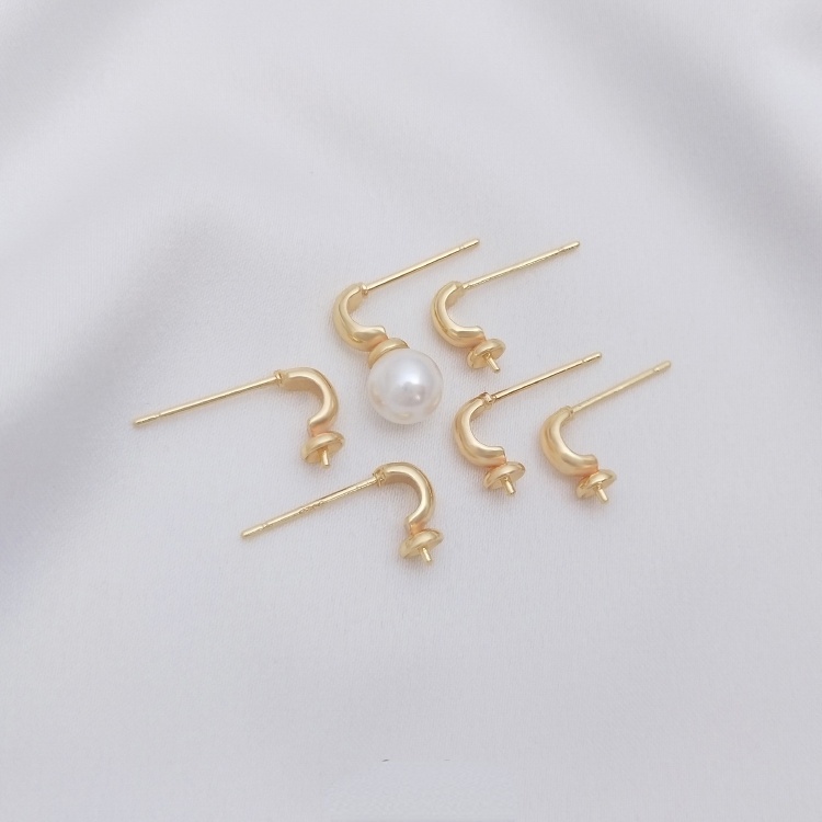 Cặp Giá Đỡ Bông Tai Hình Chữ C Bằng Đồng Đính Ngọc Trai Giả 14K diy