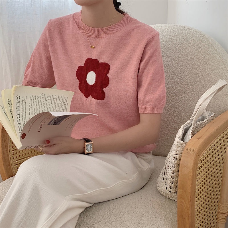 Áo Sweater Dệt Kim Tay Ngắn Cổ Tròn In Hoa Hồng Dễ Thương Kiểu Hàn Quốc