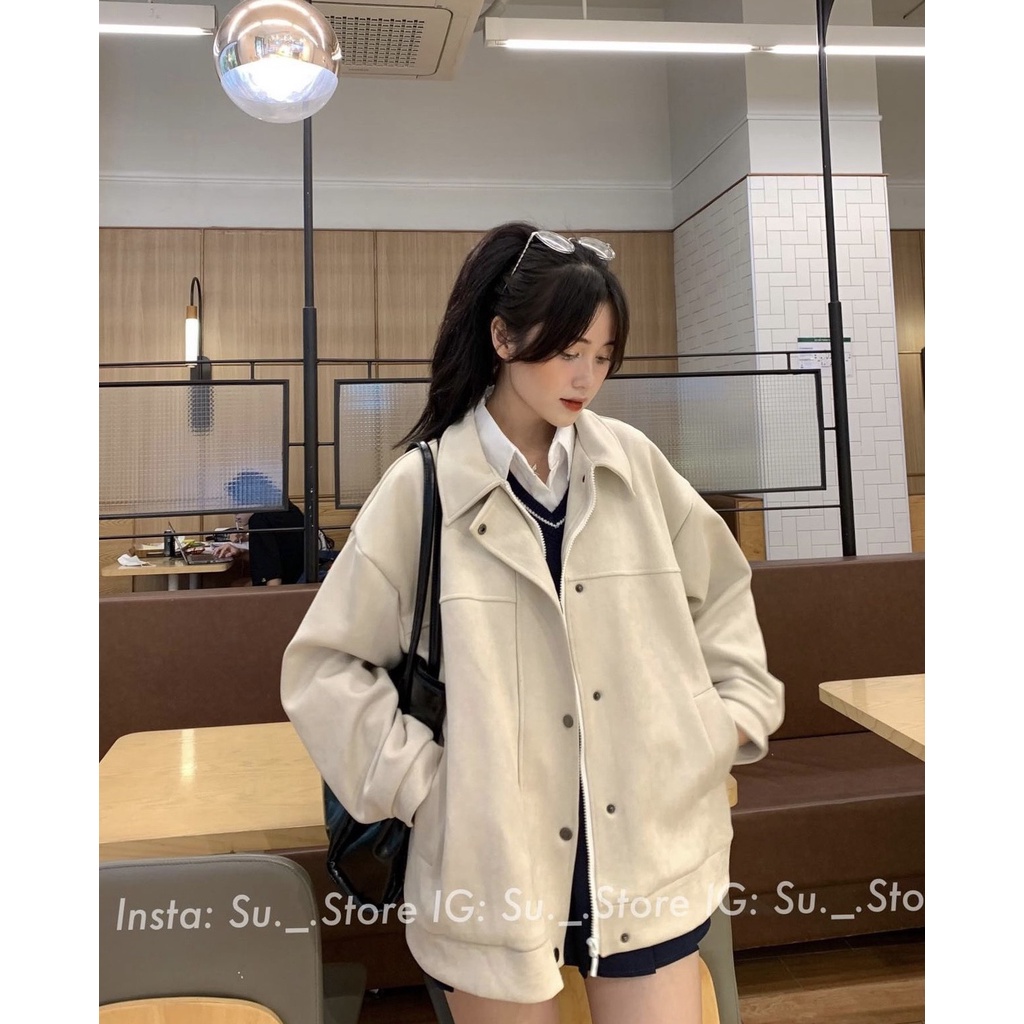 Áo Khoác Bomber Da Lộn Trơn 2 Lớp Form Rộng QC