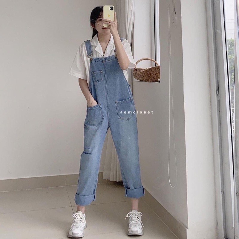 Yếm jean dài nữ phong cách Hàn quốc, Yếm bò nữ ulzzang phối rách gối cá tính năng động - New trend 2021 | BigBuy360 - bigbuy360.vn