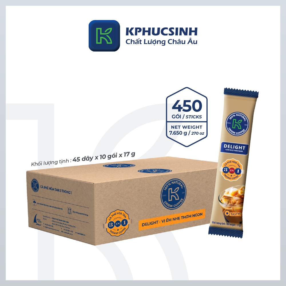 Cà phê hòa tan 3 in 1 K Delight 7650g 17g x 450 gói KPHUCSINH - Hàng Chính Hãng