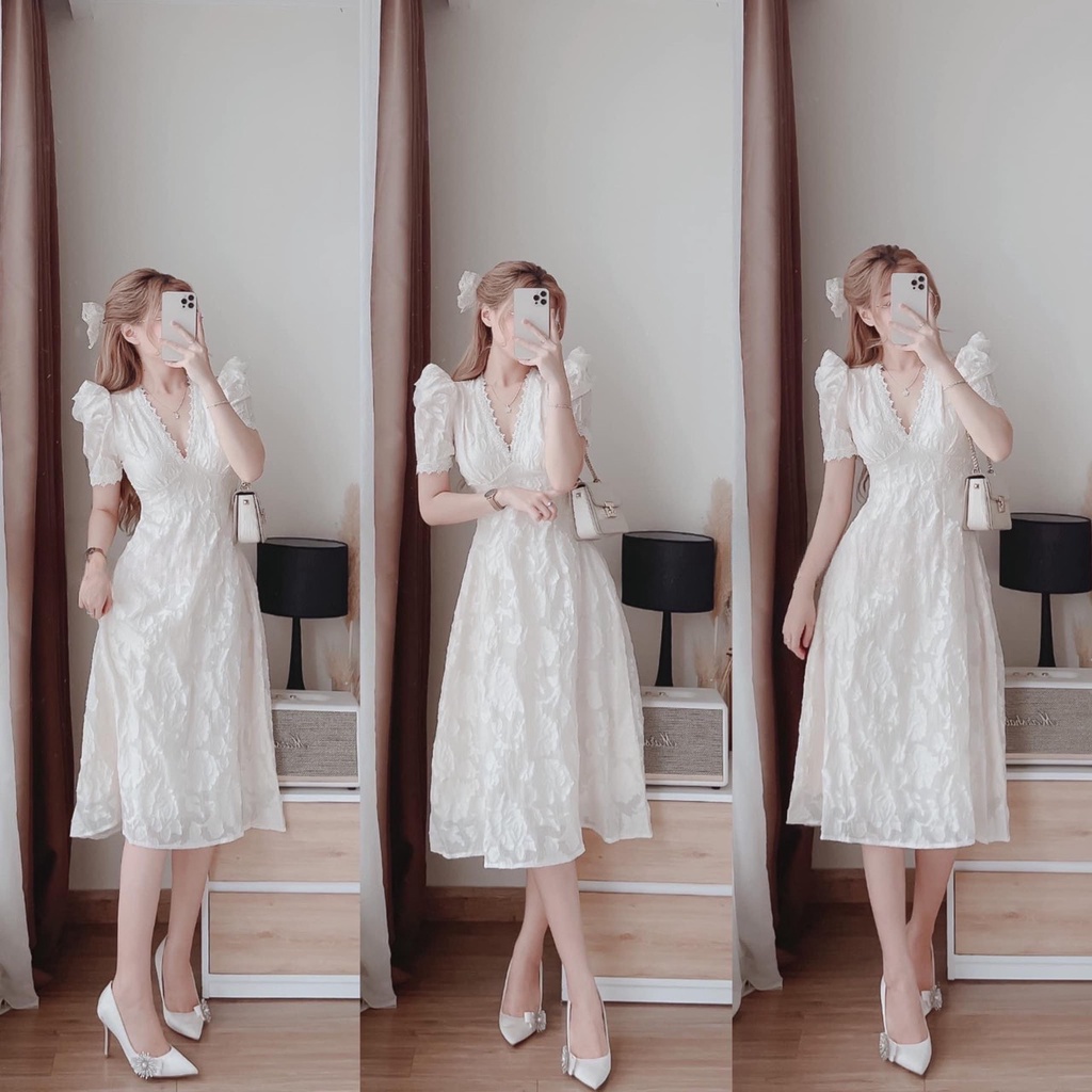 - Váy nữ cổ V thêu ren chất voan hoa nổi lót lụa  tiểu thư ulzzang - M88 - Jannahouse