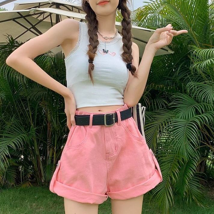 Quần Short Denim Kaki Lưng Cao Ống Rộng Phong Cách Mới Cho Nữ