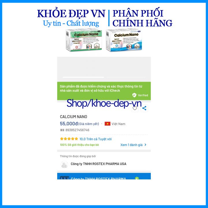 Viên uống Calcium nano Vitamin D3 Rostex pharma USA giúp tăng cường hấp thu canxi, giúp xương chắc khỏe- Hộp 30 viên