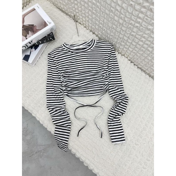 Áo tay dài croptop dây buộc eo cá tính ( hình thật )