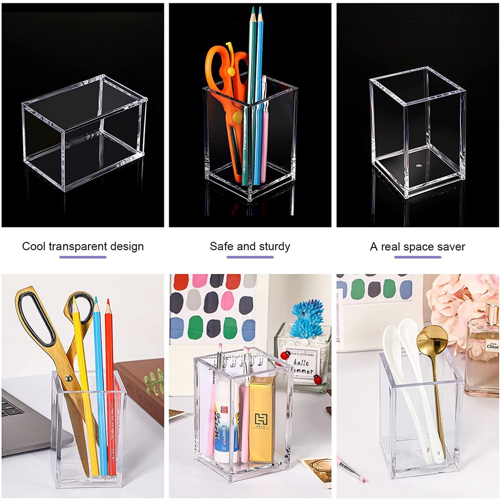 Ống Đựng Bút/Cọ Để Bàn Hình Vuông Bằng Acrylic Trong Suốt