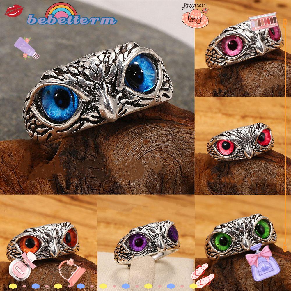 Bebetterm 1Pc Adjustable Owl Eye Ring Metal 925 Silver Statement Mother's Day Gift Jewelry Vintage Rings