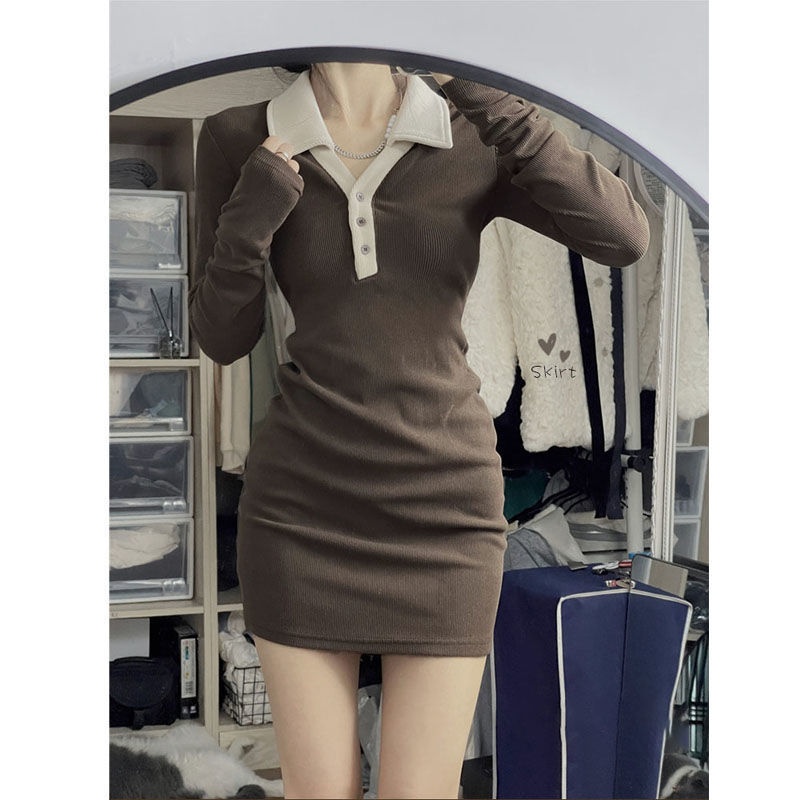Đầm Dệt Kim Cổ polo Lưng Nhỏ Thời Trang Thu Đông Cho Nữ