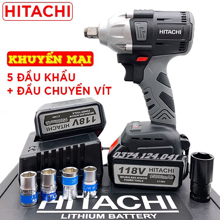 Máy Siết Bulong HITACHI 118V - TẶNG 5 Đầu Khẩu - Không Chổi Than Đầu rỗng Bắt vít Khoan - Pin 10 Cell - Made in Malaysia