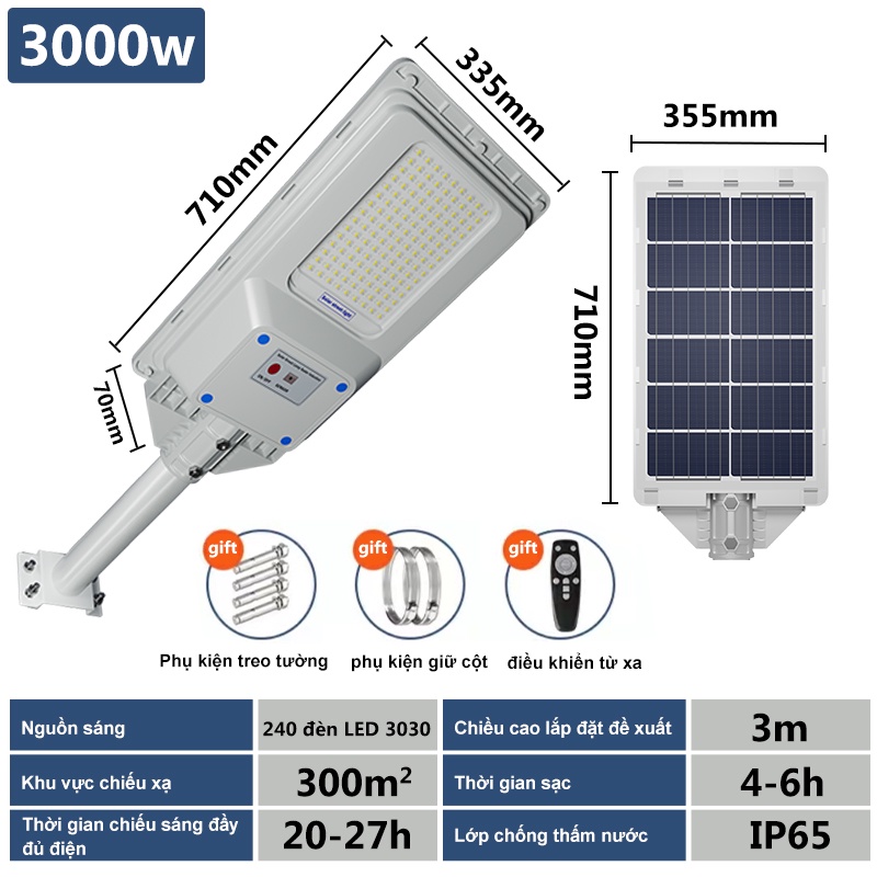 Đèn Năng Lượng Mặt Trời 3000W, Đèn Đường,Sân Vườn,Tấm pin siêu to hấp thụ nắng tối đa,IP67 Chống Nước