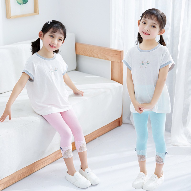 (XẢ 40K- Hàng đẹp video) Quần legging lửng thun cotton xuân hè phối ren bé gái siêu nhẹ mát