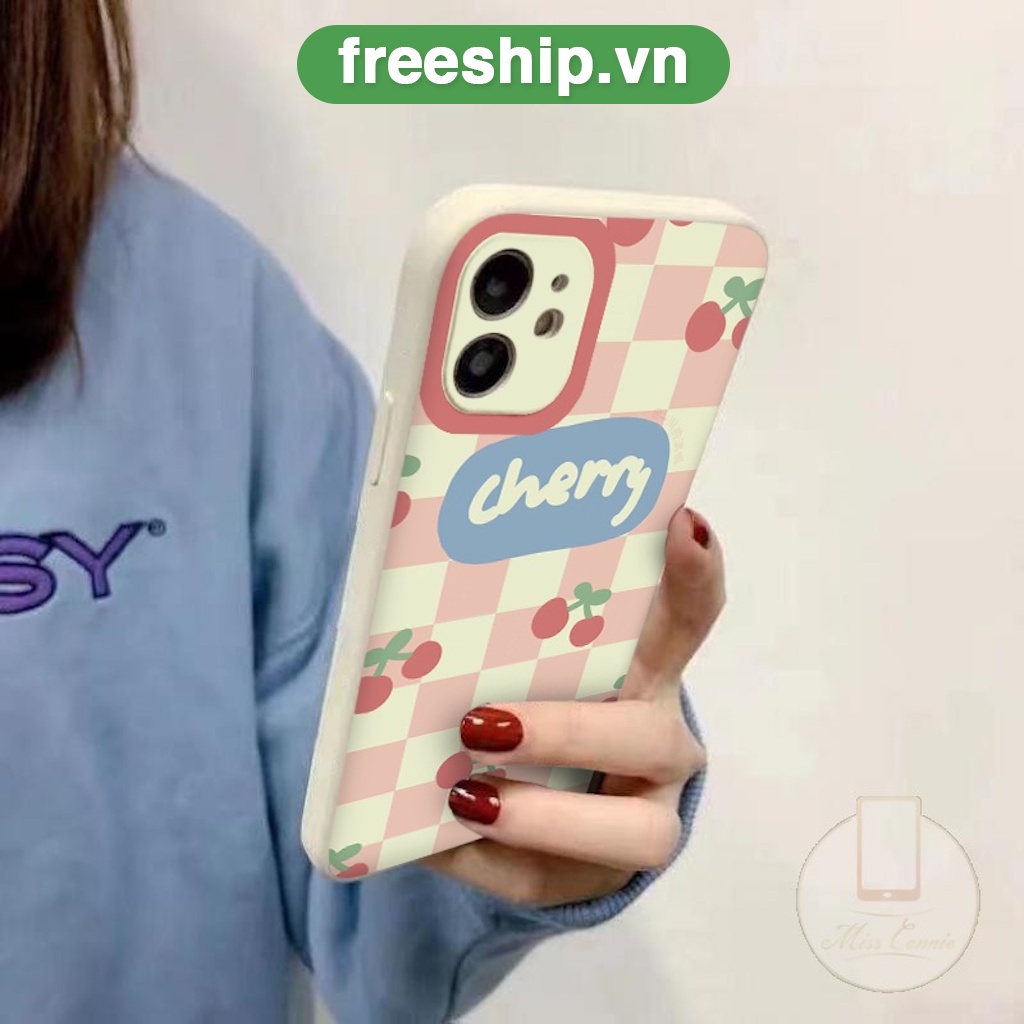 Ốp vuông iphone quả chery Phone CASE Caro hồng ốp cho 7 Plus/8Plus/XR/XS Max/11/X/12/12 Pro Max/13 pro/13 promax