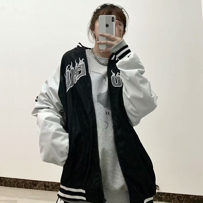 Áo khoác bóng chày dáng rộng phối khóa kéo thêu họa tiết kiểu Hàn Quốc cá tính cho học sinh