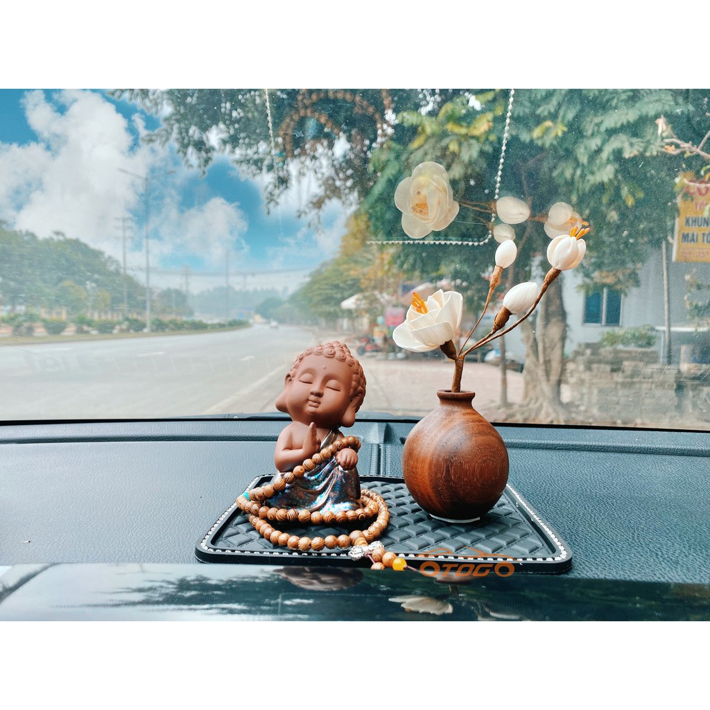 Set Tượng Phật Gốm Mix cùng Mộc Liên Hoa, Trang Trí Taplo ô tô, Tượng Phật Để Taplo