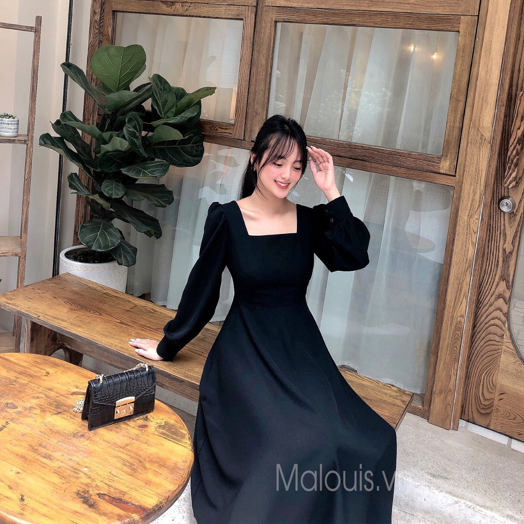 Váy dáng xòe cổ vuông tay dài phong cách tiểu thư vintage - V19 - MALOUIS