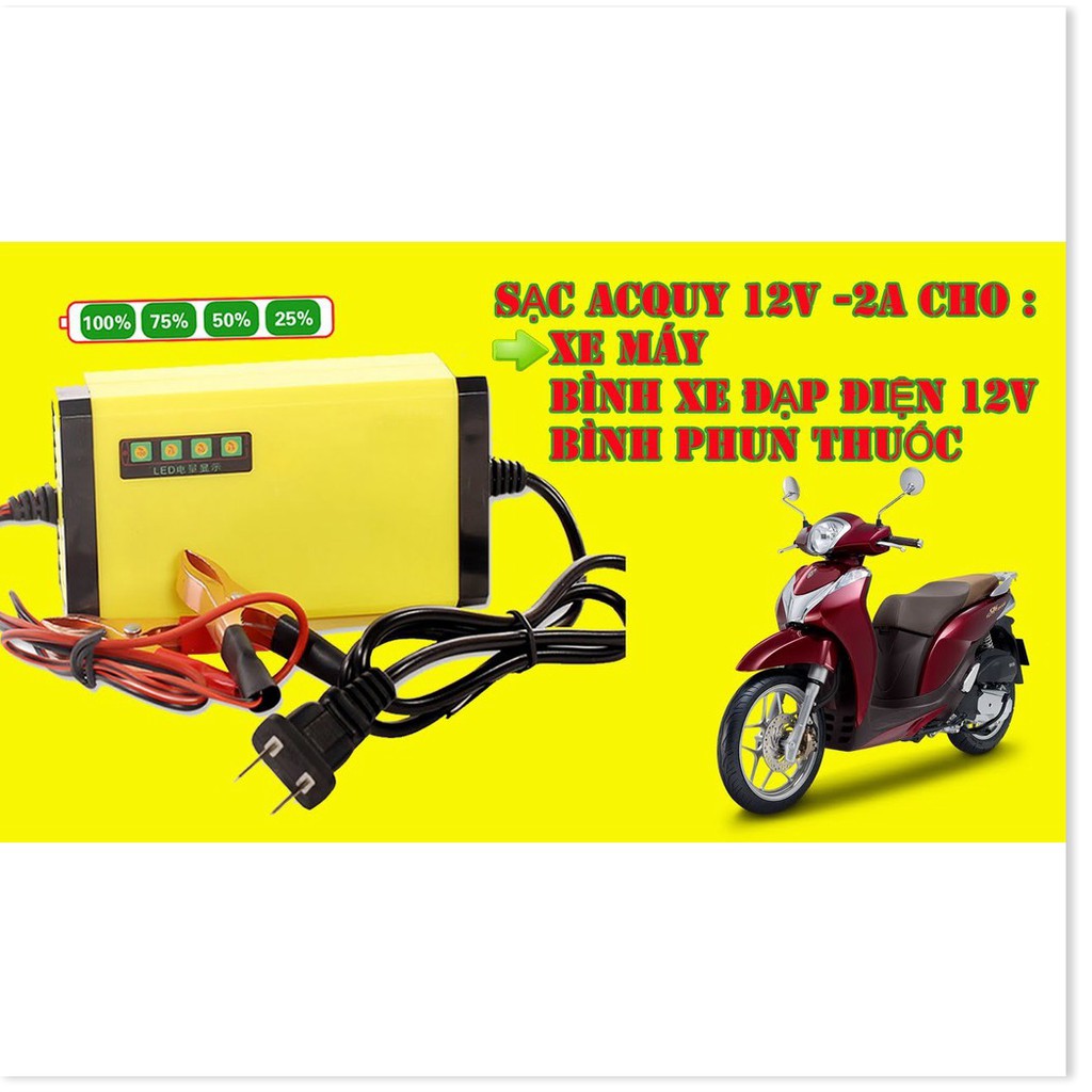 Bộ sạc bình ắc quy tự động ngắt 12V 2Ah-20Ah sạc acquy xe máy, xe ô tô, có đèn led báo đầy