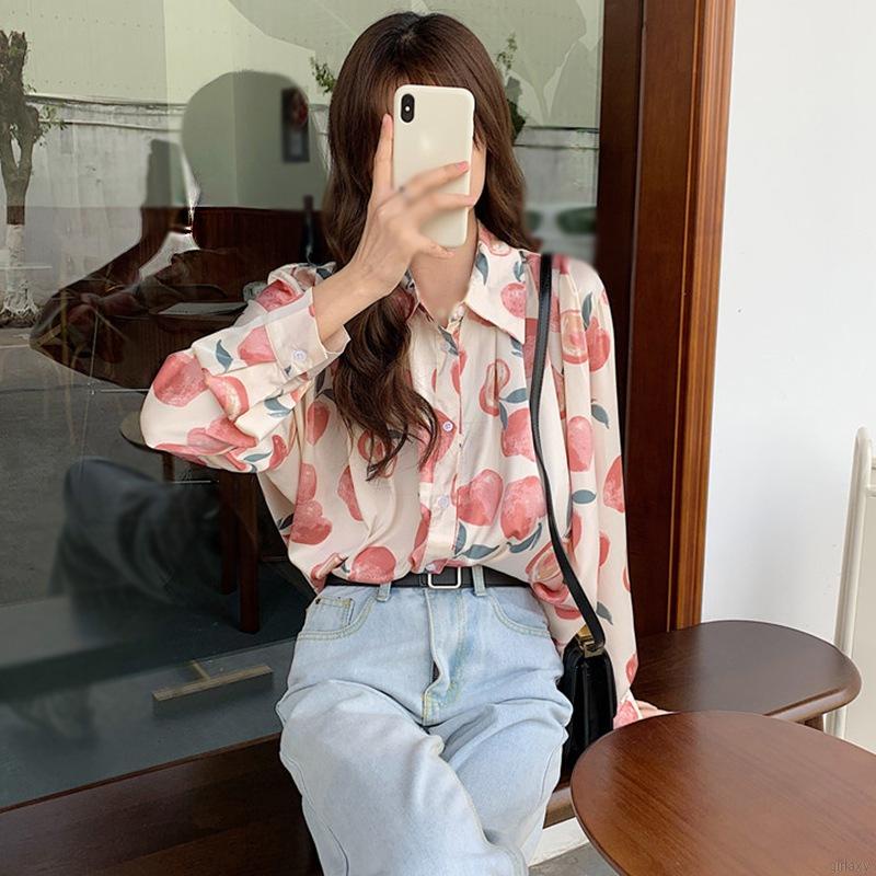 Áo Sơ Mi Tay Dài Dáng Rộng In Hình Quả Đào Kiểu Hàn Quốc Dễ Thương Cho Nữ